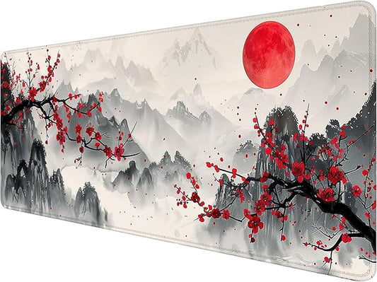 Watercolor Cherry Blossom Gaming Mouse Pad - Chinese Ink Painting Mountain Desk Mat With Stitched Edge Non-Slip Base for Office Computer Keyboard Laptop Home 31.5"x11.8"