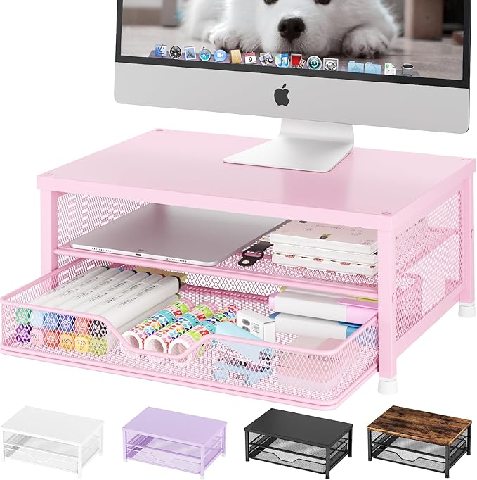 OPNICE Computer Monitor Stand Riser, Desk Organizers and Accessories with Drawer, Laptop Stand, Office Desk Accessories & Workspace Desktop Organizers Storage for Office Supplies(Pink)