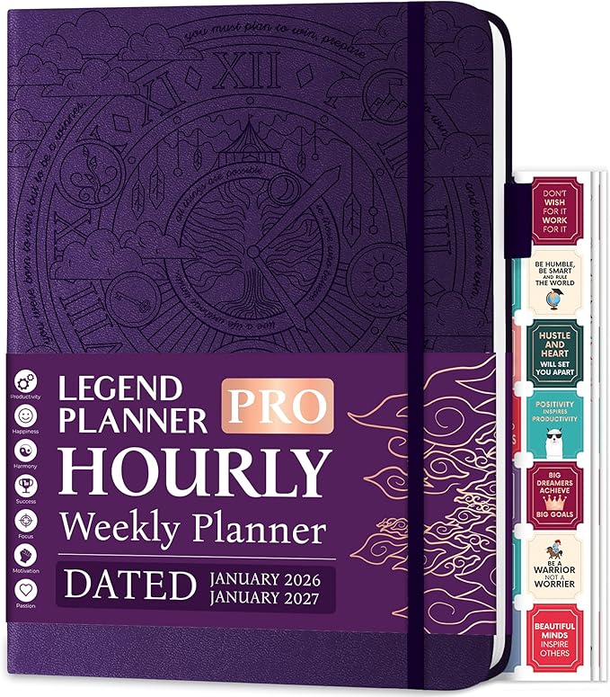 Legend Hourly Schedule Planner PRO Dated Jan 2026-Jan 2027 – Deluxe Weekly & Daily Organizer with Time Slots. Appointment Book Journal for Work & Time Management, A4 Hardcover, Purple