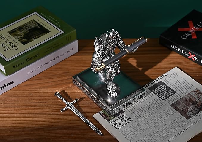 King's Guard Knight Pen Holder Pen Stand Desk Organizers and Accessories Resin Pencil Holder as Gift for Office and Home (Silver(Plating))