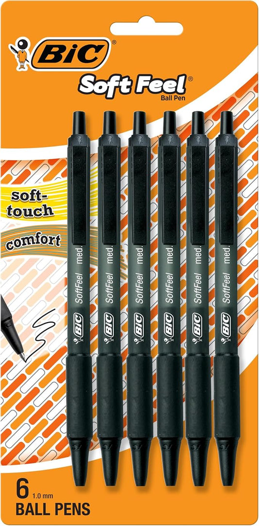 BIC Soft Feel Ballpoint Pen with 1.0 mm Medium Point and Retractable Design, 6-Count in Black Ink
