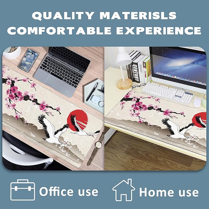 Extended Gaming Mouse Pad Sakura Branch and Flying Herons Large Mousepad with Stitched Edges,Anti-Slip Rubber Base Keyboard Mouse Mat Desk Pad for Gaming Home Office 35.4 x 15.7 inches