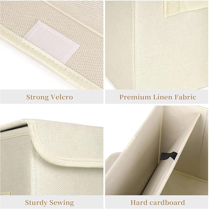 Large 42 Quarts Collapsible Stackable Storage Bins Cube with Lids [3-Pack] Foldable Fabric Linen Storage Boxes, Closet Organizer Baskets with Label for Home (16.7 x 12 x 12", Beige)