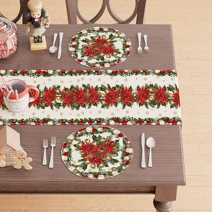 XCHI Christmas Poinsettias Leaves Bells Snowflakes Winter Xmas Round Placemats Set of 4 Table Mats for Party Home Kitchen Dining Table Decorations 14x14 Inch