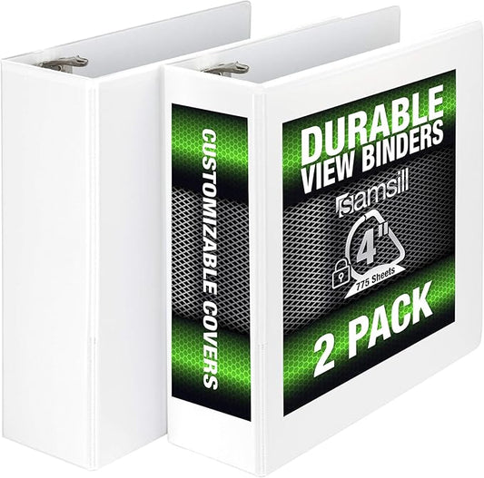 Samsill Durable 4 inch 3 Ring Binder, Made in USA, D Ring Binder, FSC 100% Recycled Chipboard, White, 2 Pack