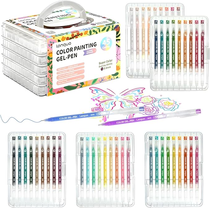 45 Color Gel Pens, 0.6 mm Fine Tip Gel Pens for Adult Coloring Book—Portable Case gel pens Colored for Journaling, Coloring, Planners, Drawing & DIY Crafts. Non-Toxic,Smooth,Water-Based