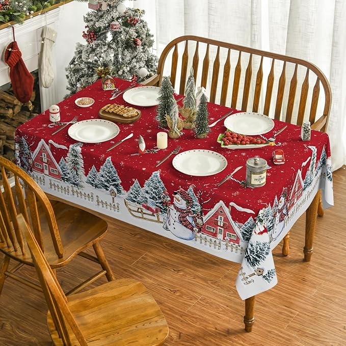 Horaldaily Christmas Tablecloth 60×60 Inch Square, Winter Snowman House Christmas Trees Red Washable Table Cover for Party Picnic Dinner Decor