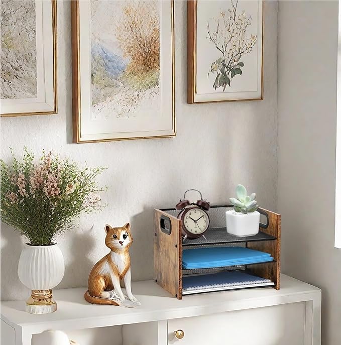 Wood Desk Organizer - 3-Tier Desktop File Organizer, Wooden Paper Tray, Office Desk Organzier and Accessories for Papers, Mail, Notebooks, Stationery