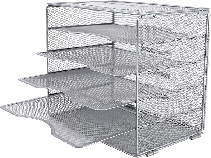 EasyPAG 5-Tier Mesh Desk File Organizer with Metal Frame, Screw-Free Assembly, Space Saving Letter Tray for Office/Home/School - A4 & Letter Size Paper Sorter, Silver