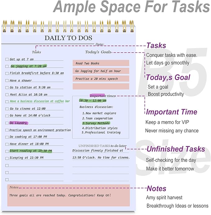 KAICN Daily to Do Notepads - Task Checklist planner, Time Management planner, To Do lists, Organizer with Today's Goals, Notes, 52 Undated Agenda Tear-off Sheets, 6.5 x 9.8 inches (Pink)