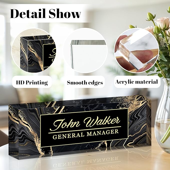 Ship Next Day Personalized Name Plate for Desk, Custom Acrylic Desk Name Sign, Office Appreciation Gifts for Women Men Coworkers Boss Teacher Employee (Black Marble)