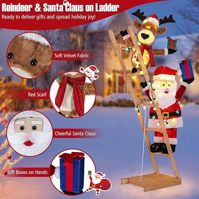 Tangkula 5.5 FT Lighted Reindeer & Santa Claus on Ladder, 3D Pre-Lit Indoor Outdoor Christmas Decoration with 100 LED Lights, Zip Ties and Ground Stakes, Xmas Holiday Decoration for Home Yard Porch