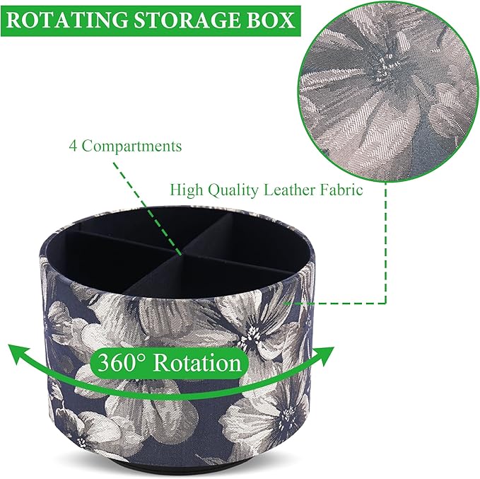 QIELIZI Round Leather Art Supply Organizer,Remote Control Holder,360 Degree Rotating,Multi-Functional Pencil Holder,4 Compartments Desktop Stationary Organizer(1-Dahlia Yellow)