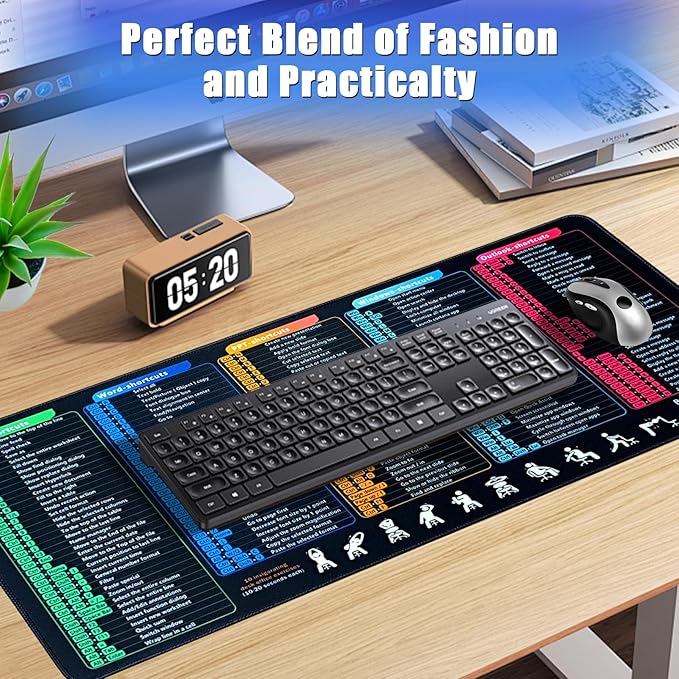 Windows/Excel/Word/PPT/Classic Outlook Cheat Sheet Desk Pad, MS Office Shortcuts Mouse pad, PC Desk Mousepad Mat,Non-Slip Stitched Edge, Employee Appreciation Gifts (27.4x11.8x0.12in)