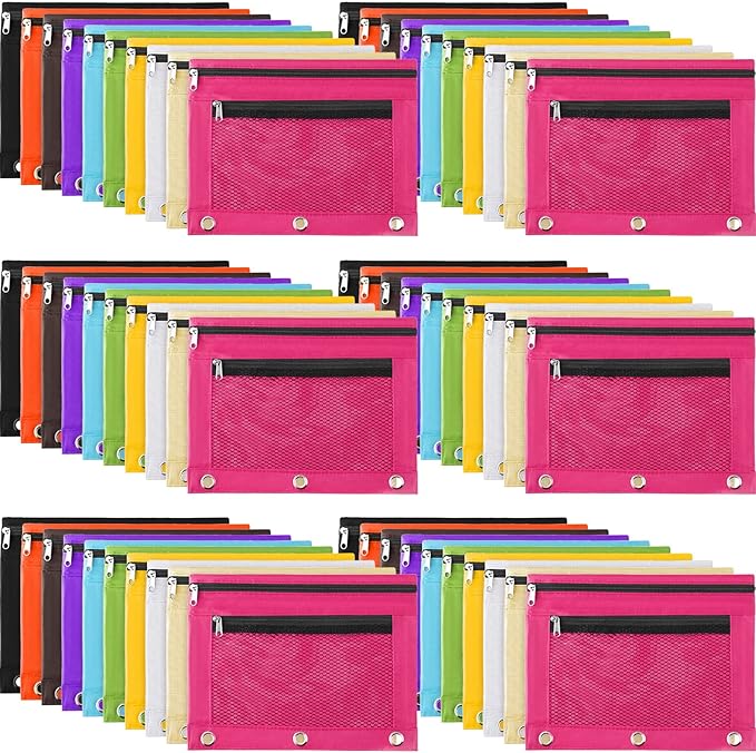 60 Pack Pencil Pouch 3 Ring Zipper Pencil Pouches Case Binder Cosmetic Bag 420d PVC Clear Film Pencil Case Kawaii Office Supplies Double Zip Zipper Pouch (Multi Color)