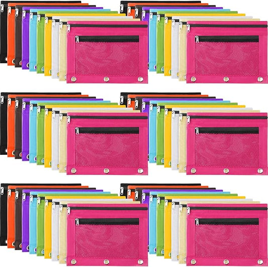 60 Pack Pencil Pouch 3 Ring Zipper Pencil Pouches Case Binder Cosmetic Bag 420d PVC Clear Film Pencil Case Kawaii Office Supplies Double Zip Zipper Pouch (Multi Color)
