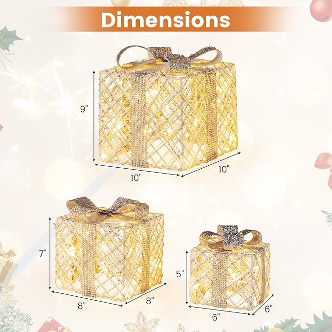 Tangkula Set of 3 Lighted Box, Pre-Lit Festive Boxes w/ 50 LED Lights, Detachable Bows & Sparkling Crystals, Indoor Outdoor Rope-Woven Present Boxes for Yard, Home