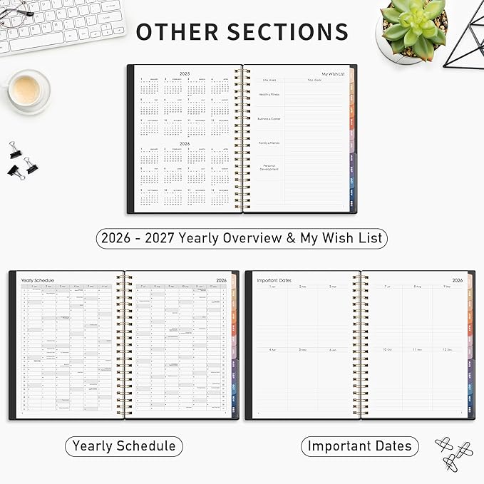 RETTACY 2026 Planner, Weekly and Monthly, Large Size (8.5" x 11"), Jan - Dec 2026, Agenda, Calendar, 12 Month Tabs, Flexible Plastic Cover, 100 GSM Thick Paper, Spiral-bound (Black)