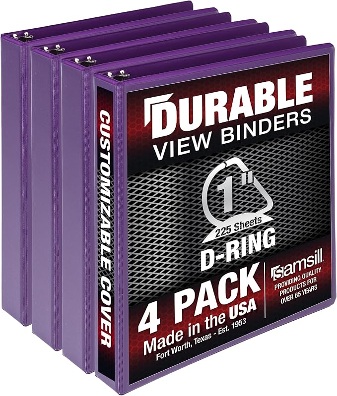 Samsill Durable 1 inch 3 Ring Binder, Made in USA, D Ring Binder, FSC 100% Recycled Chipboard, Purple, 4 Pack