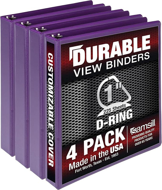 Samsill Durable 1 inch 3 Ring Binder, Made in USA, D Ring Binder, FSC 100% Recycled Chipboard, Purple, 4 Pack