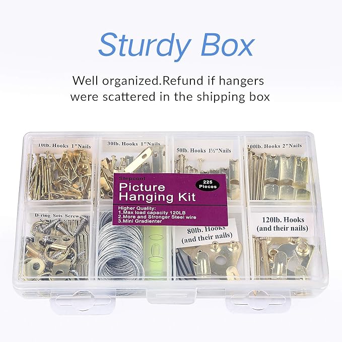 Picture Hangers, Picture Hanging Kit, 225pcs Heavy Duty Frame Hooks Hardware with Nails, Hanging Wire, Screw Eyes, D Ring and Sawtooth for Wall Mounting