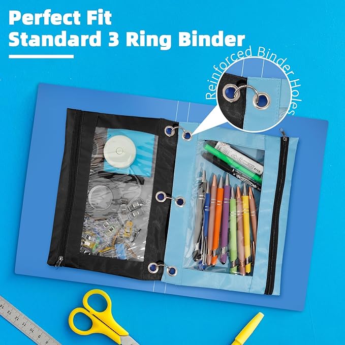 Pencil Pouch for 3 Ring Binder, 8 Pack Pencil Bags with Zipper, Large Capacity Pencil Case for Binder Assorted Color Pencil Case Pouch with Clear Window and Grommets Pencil Pocket for Office Supplies