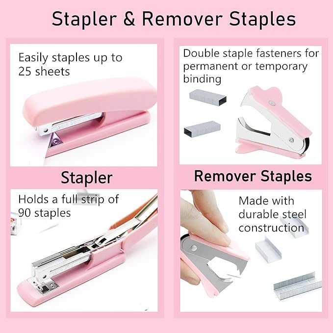 Pink Office Supplies, Pink Desk Accessories, Stapler, Staple Remover, Tape Holder, Pen Holder, Ballpoint Pen, Scissor, Binder Clips, 1000pcs Staples, Phone Holder, Ruler, Transparent Glue and Notes