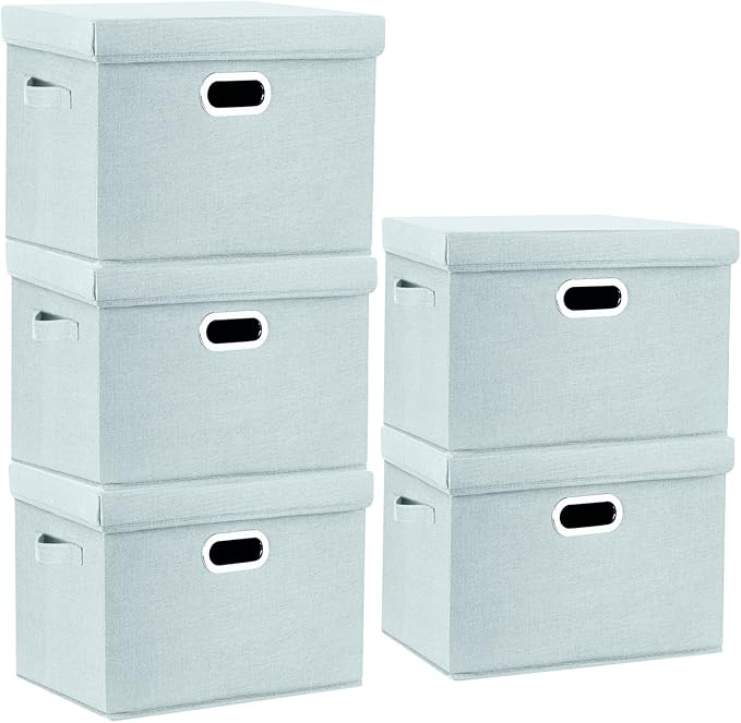 TYEERS Large Storage Bins with Lids, Collapsible, Washable, Fabric Storage Boxes for Organizing, 17.3x11.8x11.4 inches, 5 Pack, Aqua Spring