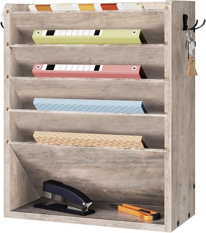 Wall File Organizer, 6-Tier Vertical Mount Hanging Holder with 2 Side Hooks, Modern Wooden Magazine Storage Holder with Bottom Tray, Desk Organizer, for Office, Home, Greige MWJ01FH
