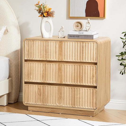 Turtle&Myrtle Fluted 3 Drawer Dressers for Bedroom, 31.5" Wide Large Mid Century Modern Nightstand W/3 Storage Drawers, Wood Dresser & Chest of Drawers with Curved Profile for Living Room (Natural)