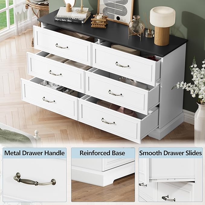6 Drawer Dresser for Bedroom, 53" Wide Wooden Chest of Drawers, Rustic Farmhouse Dresser with Large Drawers & Metal Handles, Modern Storage Organizer for Closet, Living Room, Hallway, White