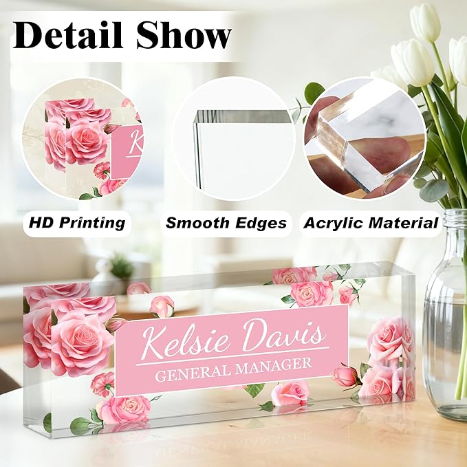 Ship Next Day-Custom Name Plate for Desk, Desk Name Plate Personalized, Acrylic Office Desk Accessories, Appreciation Gifts for Coworkers Employee Teachers Boss Women Men (Pink Rose)