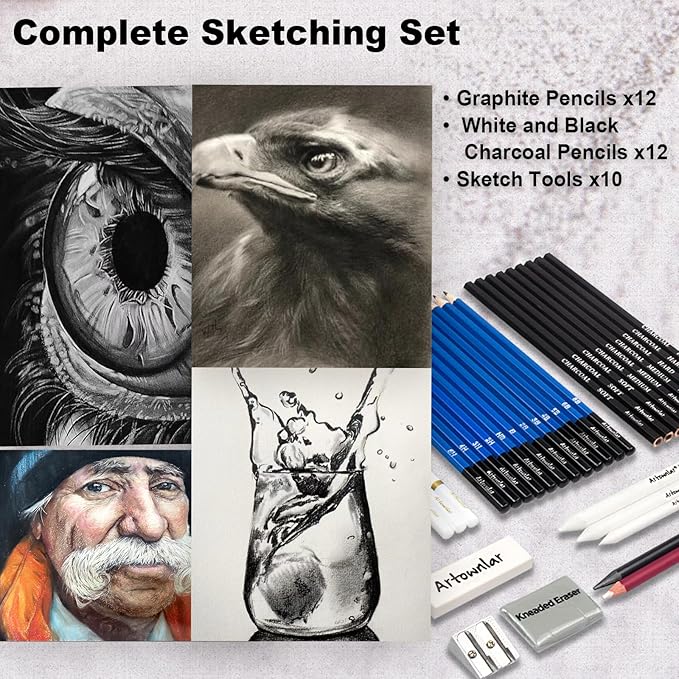 Artownlar 72 Pack Drawing Sketching Set with 8x11 Sketchbook | Pro Art Supplies Kit for Artist Adults Teens Beginner | Graphite Charcoal, Watercolor & Metallic Colored Pencils in Gift Case.