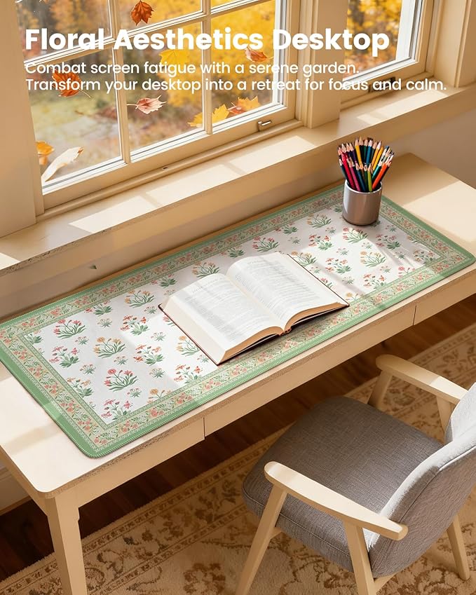 iCasso Desk Cover Mat, Extra Large Floral Mouse Pad, Desk Pad Mat,Office Matt for Desktop Protector, Anti-Slip XXL Big Mousepad with Stitched Edges for Laptop Computer Keyboard(White)