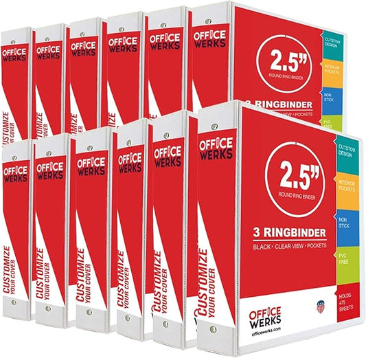 Performore 3 Ring Binder, 2.5" Professional Round Ring, Presentation Folder for Standard Pages with Inside Pockets, Customizable Clear View White Binder (12 Pack) - Ideal for Office Supplies