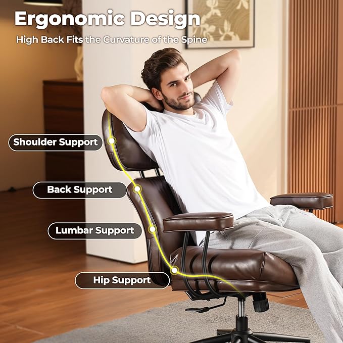 ovios Home Office Chair, Mid-Century Modern Faux PU Leather Chairs with Lumbar Support Comfy Thick Cushion, High Back Ergonomic Swivel Rolling Executive Armchair (Dark Brown, PU Leather)