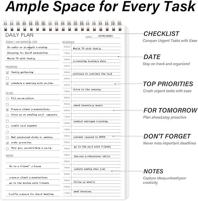 3PC 24 Hour Daily Planner - Daily To Do List for Work & Personal Life, Productivity Planner, Everyday Planner, Daily Schedule, 6.5 x 9.8