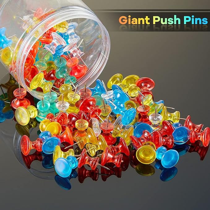Outus 100 Pcs Giant Push Pins Large Thumb Tacks Plastic Heads 1 Inch Jumbo Push Pins for Cork Board Map Posters Office School(Red, Yellow, Blue, Green, Transparent)