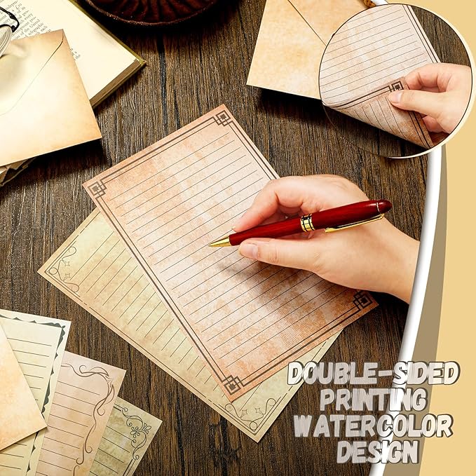 TaoBary 160 Pcs Stationery Paper Set 50 Double Sided Stationery Papers with 50 Matching Envelopes and 60 Round Dot Sticker, 10 Design(Vintage,5.5 x 8.25 Inch)