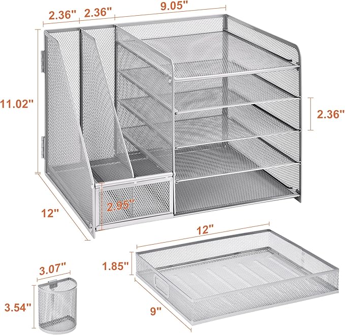 Marbrasse Desk Organizer with File Holder, 5-Tier Paper Letter Tray Organizer with Drawer and 2 Pen Holder, Mesh Desktop Organizer and Storage with Magazine Holder for Office Supplies (Silver)