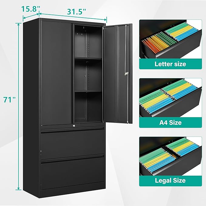 SISESOL 2 Drawer Lateral File Cabinet with Lock and Shelf,71" Black Filing Storage Cabinet with Doors,Locking Metal Storage Cabinets with Drawers for Home,Office,Garage,School,Fit A4/Letter/Legal File