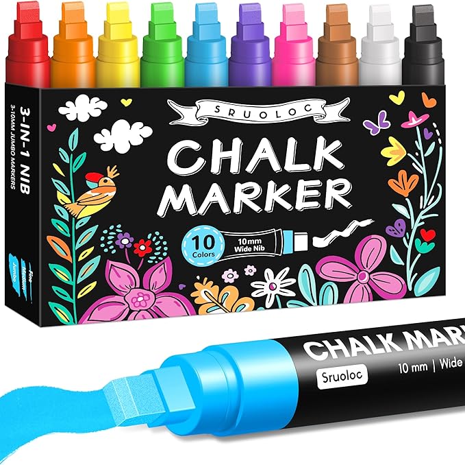 Window Chalk Markers for Glass Washable, 10 Colors Jumbo Liquid Chalk Marker with 10mm 3 in 1 Nib Thick Wide Tips, Big Chalkboard Markers, Car Paint Pen for Auto, Bistro, Mirror, Poster, Blackboards