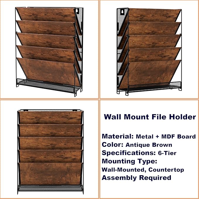 Metal Wall File Holder Organizer, 6-Tier Mesh Hanging Wall File Organizer, Magazine Rack with Trays, Wood Document Holder for Office Home, Brown