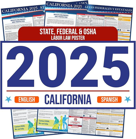2025 California State and Federal Labor Law Poster - English Spanish Combo - OSHA Workplace Compliant - All-In-One Required Compliance Mandatory Regulations Posting for Employees 16" x 40" Laminated (English Spanish Combo)