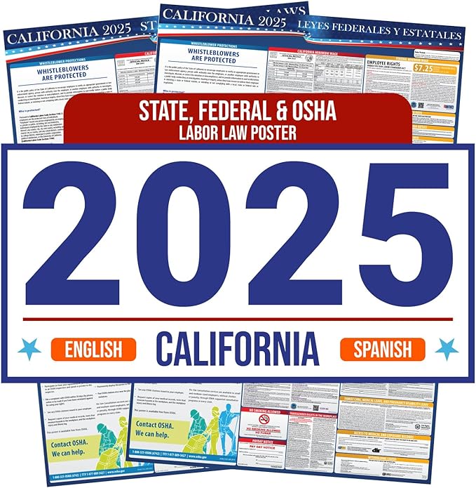 2025 California State and Federal Labor Law Poster - English Spanish Combo Pack - OSHA Workplace Compliant - Mandatory Regulations Posting for Employees - All-In-One Required Compliance Posting 16" x 40" Laminated (Combo)