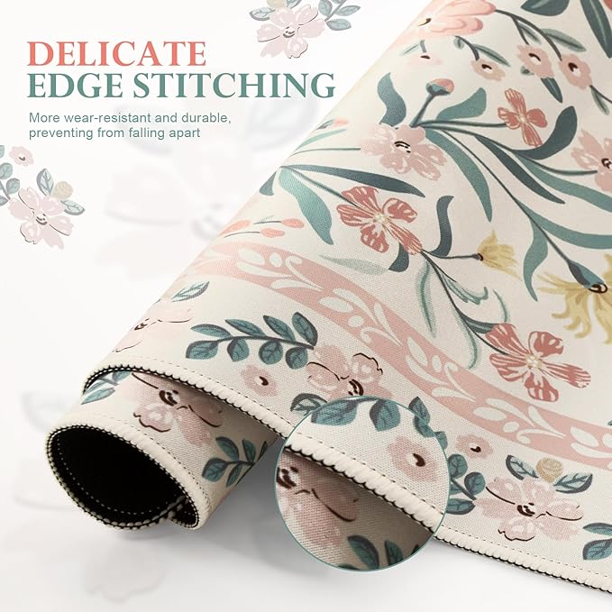 iLeadon Pink Desk Mat Set Cute, Non-Slip Mouse and Keyboard Pad Mat for Desk, Ergonomic Desk Mouse Pad Extra Large, Floral Teacher Desk Mat with Wrist Rest for Women Home Office