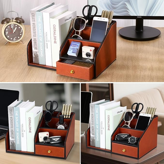 KINGFOM PU Leather Desk Organizer, Multifunction 6 Compartment Desk Organizers and Accessories for Office Supplies, Pen Pencil Holder/Book Mail Organizer Holder for Desk with Drawer (Brown)