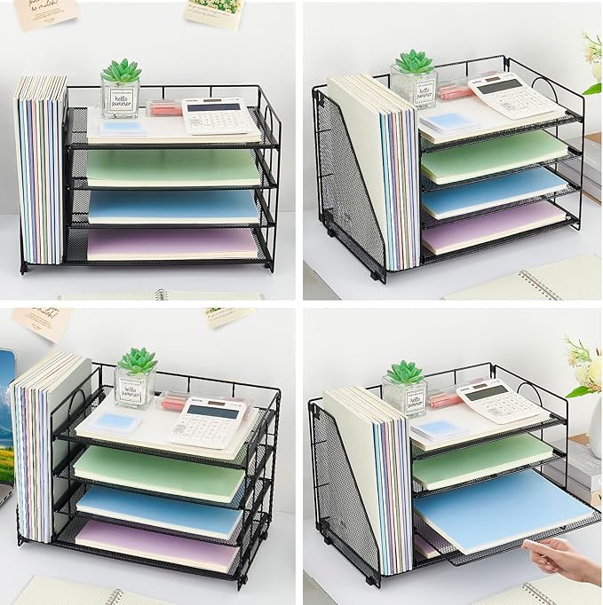 OPNICE 4-Tier Paper Organizer with Magazine Holder, Desk Organizers and Accessories, Office Desk Accessories & Workspace Organizers, Desktop File Organizer for Office Supplies Storage, Black