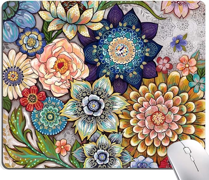 Mouse Pad, Abstract Floral Mouse Pad, Premium-Textured Computer Mouse Mat Square Waterproof Non-Slip Rubber Base Mousepad, Boho Flowers