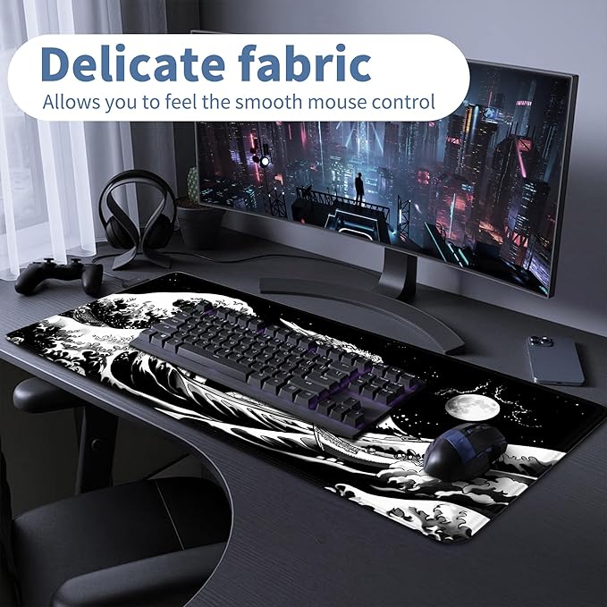Japanese Wave Dragon Gaming Mouse Pad Large Desk Mat Black Extended Keyboard Mouse Pad Gaming Mousepad with Non-Slip Base Stitched Edge Mouse Mat Desk Pad 31.5 X 11.8 Mouse Pads for Desk Home Office